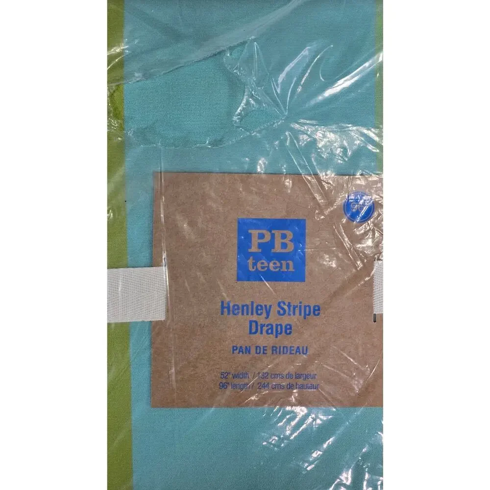 PB Teen Henley Stripe Drapes 96” Green Blue Cotton Curtain Panels Pair Coastal